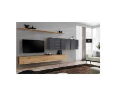 Ensemble meuble salon SWITCH VII design, coloris chêne Wotan et gris brillant. - Marron