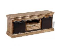Meuble télé buffet tv télévision design pratique avec 2 portes coulissantes bois de manguier massif