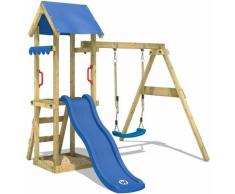 Aire de jeux Portique bois TinyWave avec balançoire et toboggan bleu Maison enfant exterieur avec