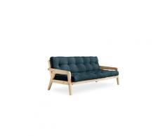Canapé convertible futon gerda pin naturel coloris bleu pétrole couchage 130 cm.