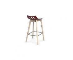 Tabouret de bar jam w rouge transparente avec piétement en bois naturel