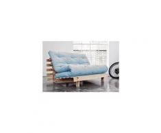 Canapé convertible futon racines pin naturel coloris bleu clair couchage 140*200 cm.