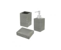 Set salle de bain céramique design relief 3 accessoires distributeur savon gobelet porte savon gris argenté