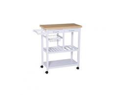 Chariot de service desserte de cuisine à roulettes multi-rangements 85l x 37l x 85h cm plateau bois massif pin châssis mdf blanc