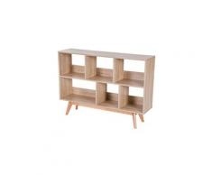 Buffet biblliothèque scandinave 6 niches pieds effilés bois hêtre 121l x 30l x 86h cm panneaux particules coloris bois chêne