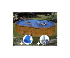 Kit piscine acier aspect bois gré sicilia ovale 5,27 x 3,27 x 1,22 m + bâche à bulles + kit d'entretien