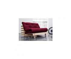 Canapé convertible futon racines pin naturel coloris bordeaux couchage 140*200 cm.
