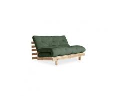 Canapé convertible futon racines pin naturel coloris vert olive couchage 140*200 cm.