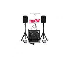 Système sono triphonique 1100W Caisson 12" + Enceintes 8" USB/BT + Pieds + Câbles + Micro + Portique Lumières