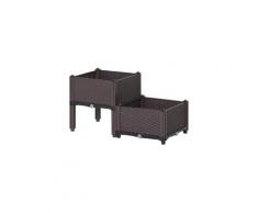 Jardinière sur pieds carré potager 2 étages dim. 80l x 40l x 44h cm insert d'irrigation plastique imitation rotin tressé chocolat