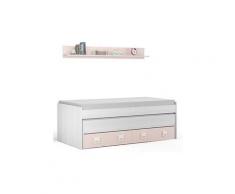 Lit enfant avec 2 tiroirs lit et une étagère, en bois coloris blanc rayé et rose -pegane-