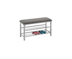 Meuble à chaussures ina banc avec assise et 2 étagères en métal chromé, rangement pour 8 paires, avec coussin en tissu gris