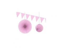 Lot de 6 décorations à pois coloris rose lampion, rosace et guirlande de fanions