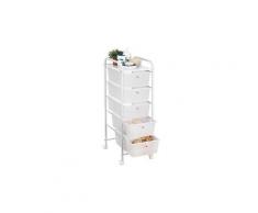 Caisson sur roulettes gina chariot 5 tiroirs en plastique blanc transparent et 1 tablette, meuble de rangement en métal laqué blanc