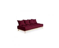 Canapé convertible futon soren pin naturel coloris bordeaux couchage 90 cm.