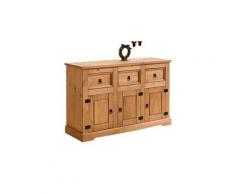 Buffet tequila bahut commode vaisselier en bois style mexicain avec 3 tiroirs et 3 portes battantes, en pin massif finition teintée/