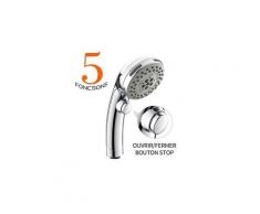 Pommeau de douche chromé avec bouton stop douchette à main 5 jets au choix pomme de douche picots anticalaire type universel