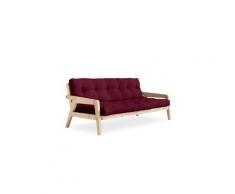 Canapé convertible futon gerda pin naturel coloris bordeaux couchage 130 cm.