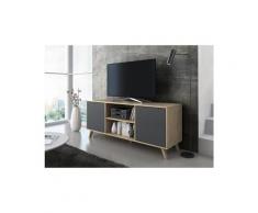 Meuble tv 140 avec 2 portes, salon, modèle wind, couleur structure puccini, portes couleur gris anthracite, mesure 140x40x57cm de haut.