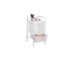 Caisson sur roulettes gina chariot 3 tiroirs en plastique blanc transparent et 1 tablette, meuble de rangement en métal laqué blanc