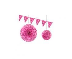 Lot de 6 décorations à pois coloris fuschia lampion, rosace et guirlande de fanions