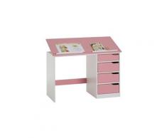 Bureau enfant écolier junior emma pupitre inclinable avec 4 tiroirs en pin massif, lasuré blanc et rose