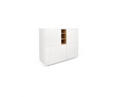 Buffet haut delf style scandinave 4 portes 3 niches blanc gravé et chêne