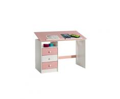 Bureau enfant écolier junior kevin pupitre inclinable avec 3 tiroirs 1 casier en pin massif lasuré blanc et rose