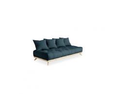 Canapé convertible futon soren pin naturel coloris bleu pétrole couchage 90 cm.