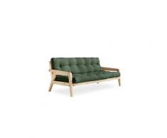 Canapé convertible futon gerda pin naturel coloris vert olive couchage 130 cm.