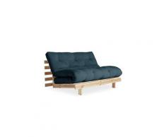 Canapé convertible futon racines pin naturel coloris bleu pétrole couchage 140*200 cm.