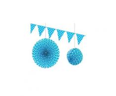 Lot de 6 décorations à pois coloris turquoise lampion, rosace et guirlande de fanions