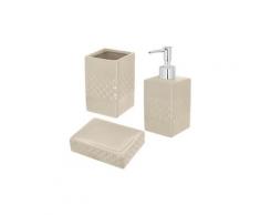 Set salle de bain céramique design relief 3 accessoires distributeur savon gobelet porte savon crème taupe