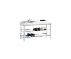 Meuble à chaussures ina banc avec assise et 2 étagères en métal chromé, rangement pour 8 paires, avec coussin en synthétique blanc