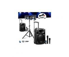 Système amplifié sur batterie 1000w port10 vhf sono musiciens dj usb bluetooth mobile 4 micros + portique +4 par /uv/friztal dmx