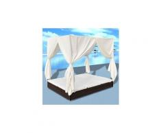 Lit 3 places à baldaquin en rotin synthétique brun et coussin crème - cs429471