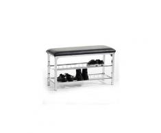 Meuble à chaussures ina banc avec assise et 2 étagères en métal chromé, rangement pour 8 paires, avec coussin en synthétique noir