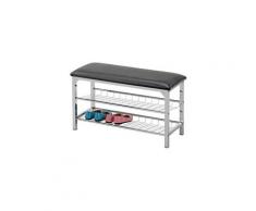 Meuble à chaussures ina banc avec assise et 2 étagères en métal chromé, rangement pour 8 paires, avec coussin en synthétique gris