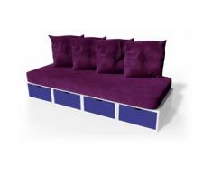Banquette cube 200 cm + futon + coussins Blanc/Bleu foncé