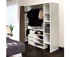 Dressing 2 colonnes + meuble 4 tiroirs blanc, rideau taupe