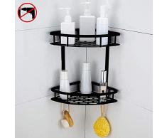 Hoomtaook Étagère dangle Douche Salle de Bains Argenté Serviteur Douche Organiseur Douche Aluminium Space Pose Murale sans Perçage Auto-Adhésif, 2 Niveaux Noir