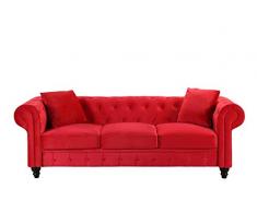 BHDesign Mila - Canapé Chesterfield 3 Places - Velours - Coloris Rouge