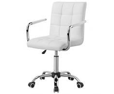 Yaheetech Tabouret Chaise pour Bureau Chambre à roulettes Modern Hauteur réglable, pivotant à 360°, la capacité Max.120kg, en Similicuir avec Dossier accoudoir Base Acier Blanc