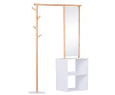 Homcom Porte-Manteaux Meuble dentrée vestiaire penderie avec Miroir 4 patères 2 niches dim. 100L x 34l x 164H cm MDF Blanc Bois Massif Bambou