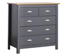 VS Venta-stock Commode 5 tiroirs Gris/Chêne, Fabriqué en Bois de pin Massif