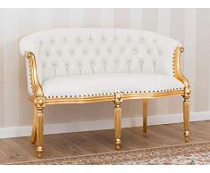 SIMONE GUARRACINO LUXURY DESIGN Canapé Isabelle Style Baroque Français 2 Places Feuille Or Similicuir Blanc Boutons Crystal SW