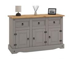 IDIMEX Buffet Ramon Commode bahut vaisselier en pin Massif Gris et Brun avec 3 tiroirs et 3 Portes, Meuble de Rangement Style Mexicain en Bois dim 132 x 84 x 44 cm