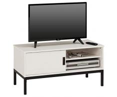 IDIMEX Meuble TV Selma Banc télé de 98 cm au Style Industriel Design Vintage avec 1 Porte coulissante et 1 Compartiment Ouvert, en pin Massif lasuré Blanc