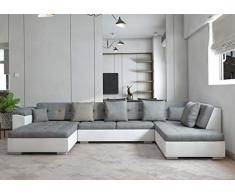tendencio Atrium - Canape dangle en U panoramique en Tissu Gris et Simili Blanc Angle Droit
