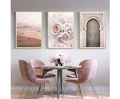 Maroc Porte Scandinave Rose Surf Beach Toile Peinture Affiche Fleur Art Imprimer Décoration Mur Photos pour Salon Décoration Murale 50x70 cm x 3 sans cadre